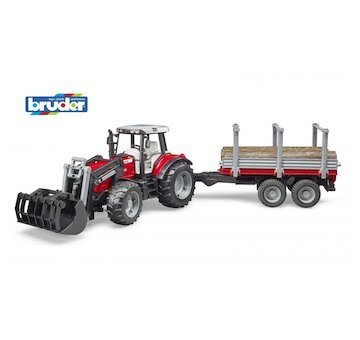 Bruder 2046 Massey Ferguson 7480 s předním nakladačem a přívěsem na klády 2213 BO-02046